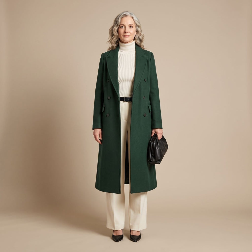 Women's Tailored Long Wool Overcoat Double-Breasted Maxi - Green