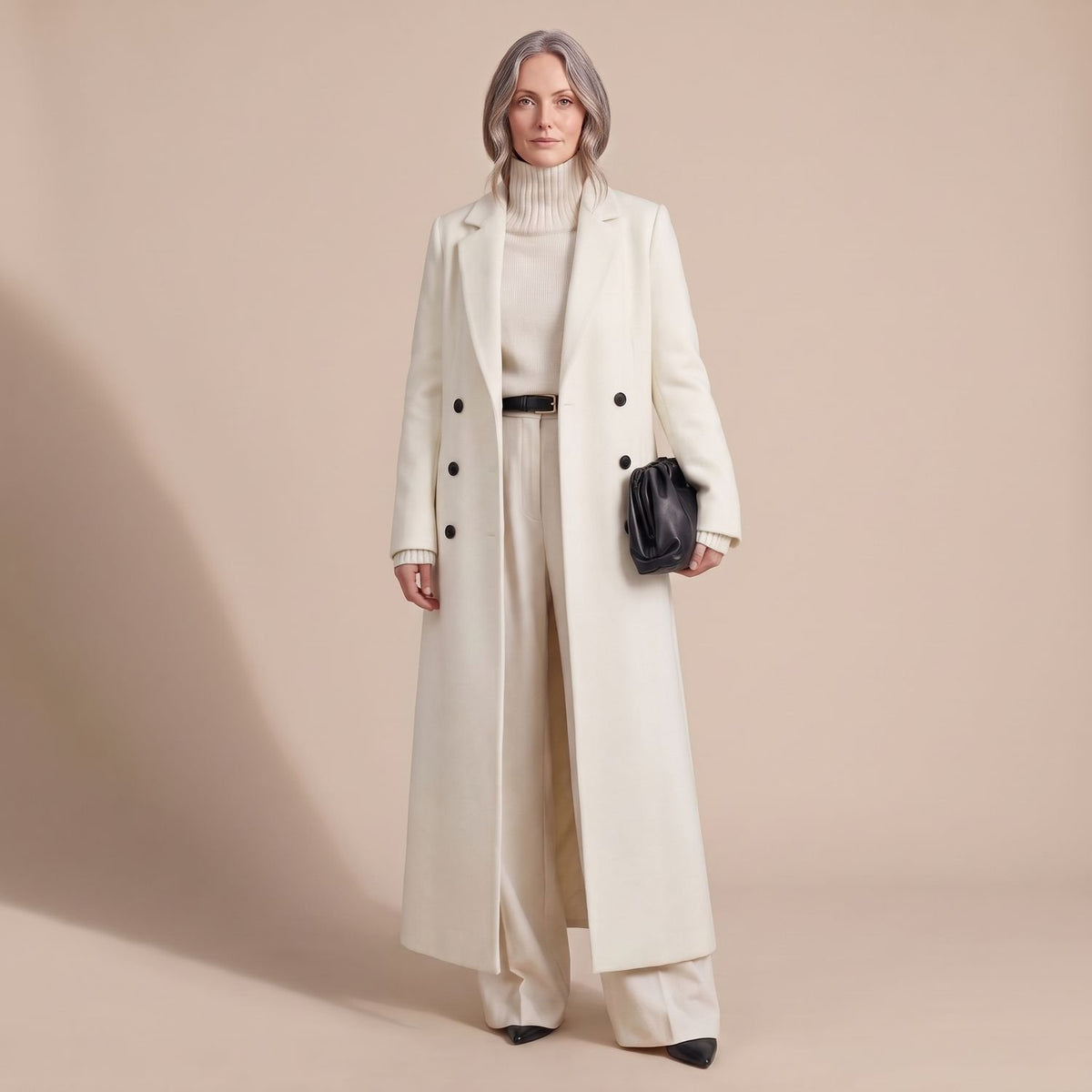 Women's Tailored Long Wool Overcoat Double-Breasted Maxi - White