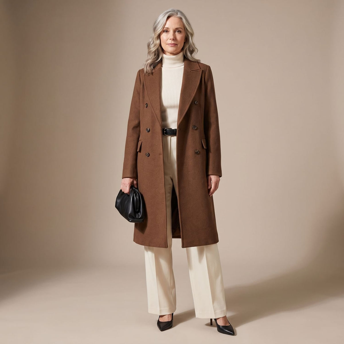 Women's Tailored Long Wool Overcoat Double-Breasted Maxi - Brown