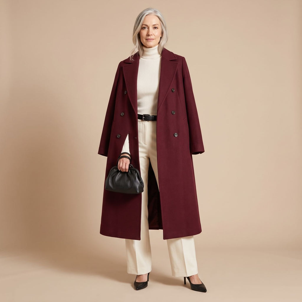 Women's Tailored Long Wool Overcoat Double-Breasted Maxi - Wine Red