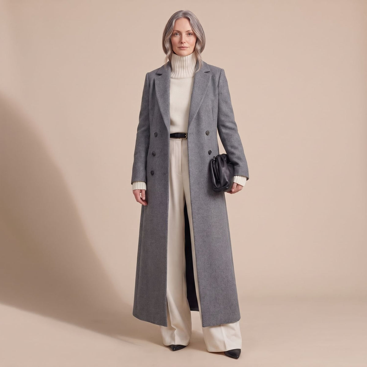 Women's Tailored Long Wool Overcoat Double-Breasted Maxi - Gray