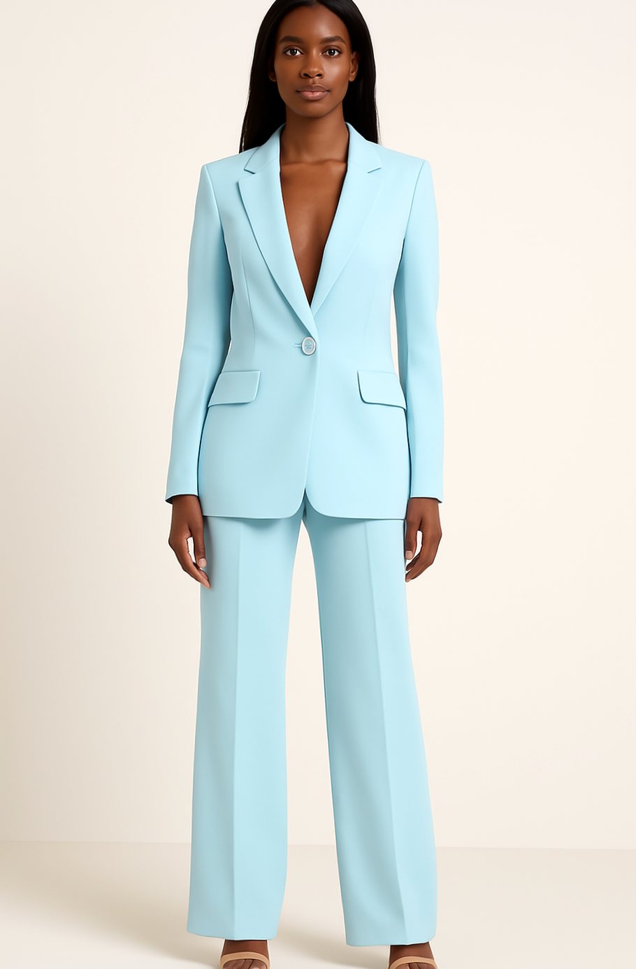 Women's Tailored Single-Button Blazer Pants Suit Set - Turquoise
