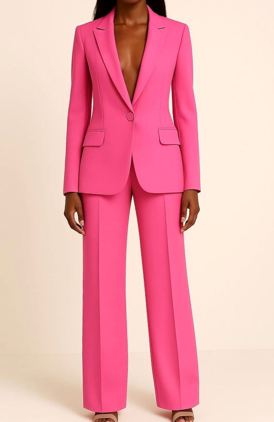 Women's Tailored Single-Button Blazer Pants Suit Set - Pink