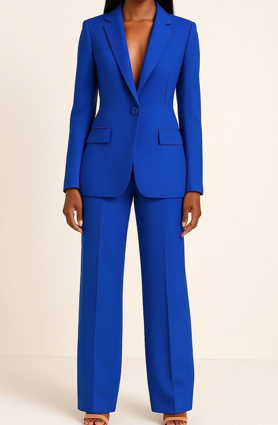 Women's Tailored Single-Button Blazer Pants Suit Set - Blue
