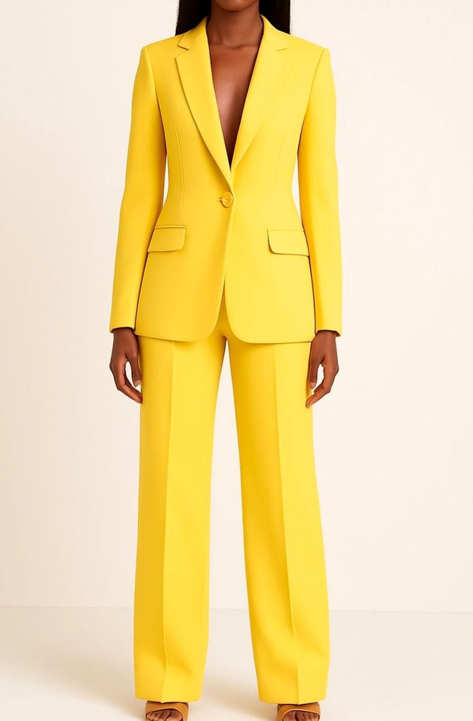 Women's Tailored Single-Button Blazer Pants Suit Set - Yellow