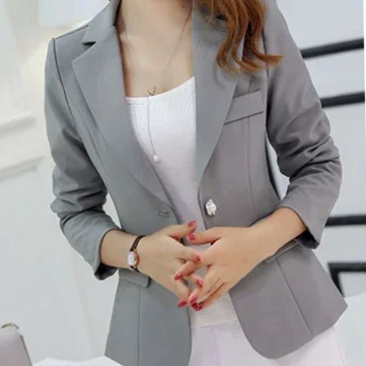Women's Tailored Slim-Fit Single-Button Office Blazer - Gray