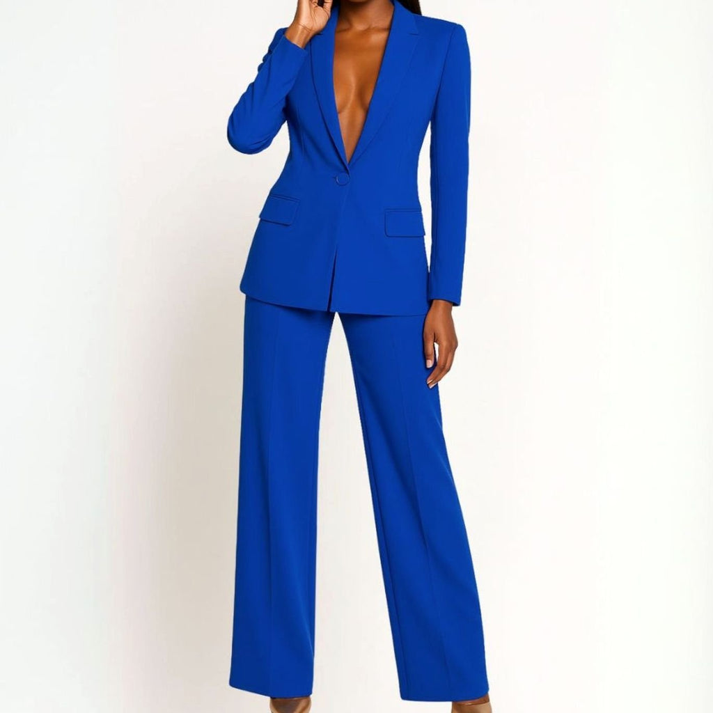 Women's Tailored Wide-Leg Blazer Suit Set Long Jacket Pants - Royal Blue