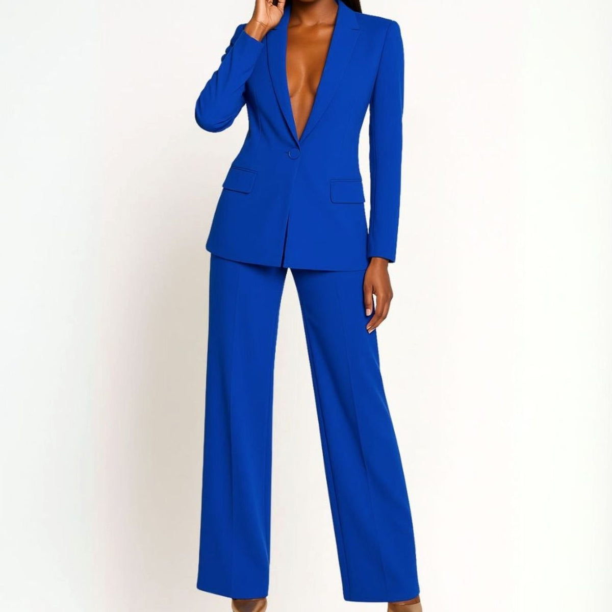 Women's Tailored Wide-Leg Blazer Suit Set Long Jacket Pants - Royal Blue