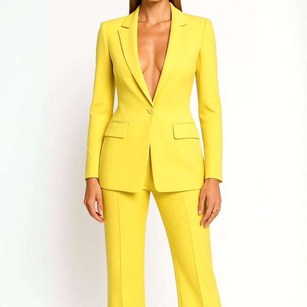 Women's Tailored Wide-Leg Blazer Suit Set Long Jacket Pants - Yellow