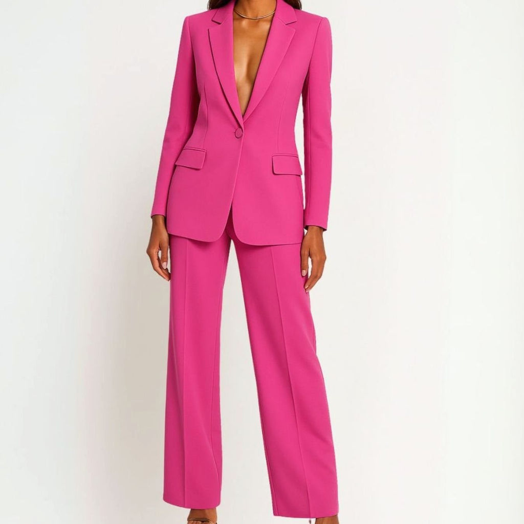 Women's Tailored Wide-Leg Blazer Suit Set Long Jacket Pants - Pink