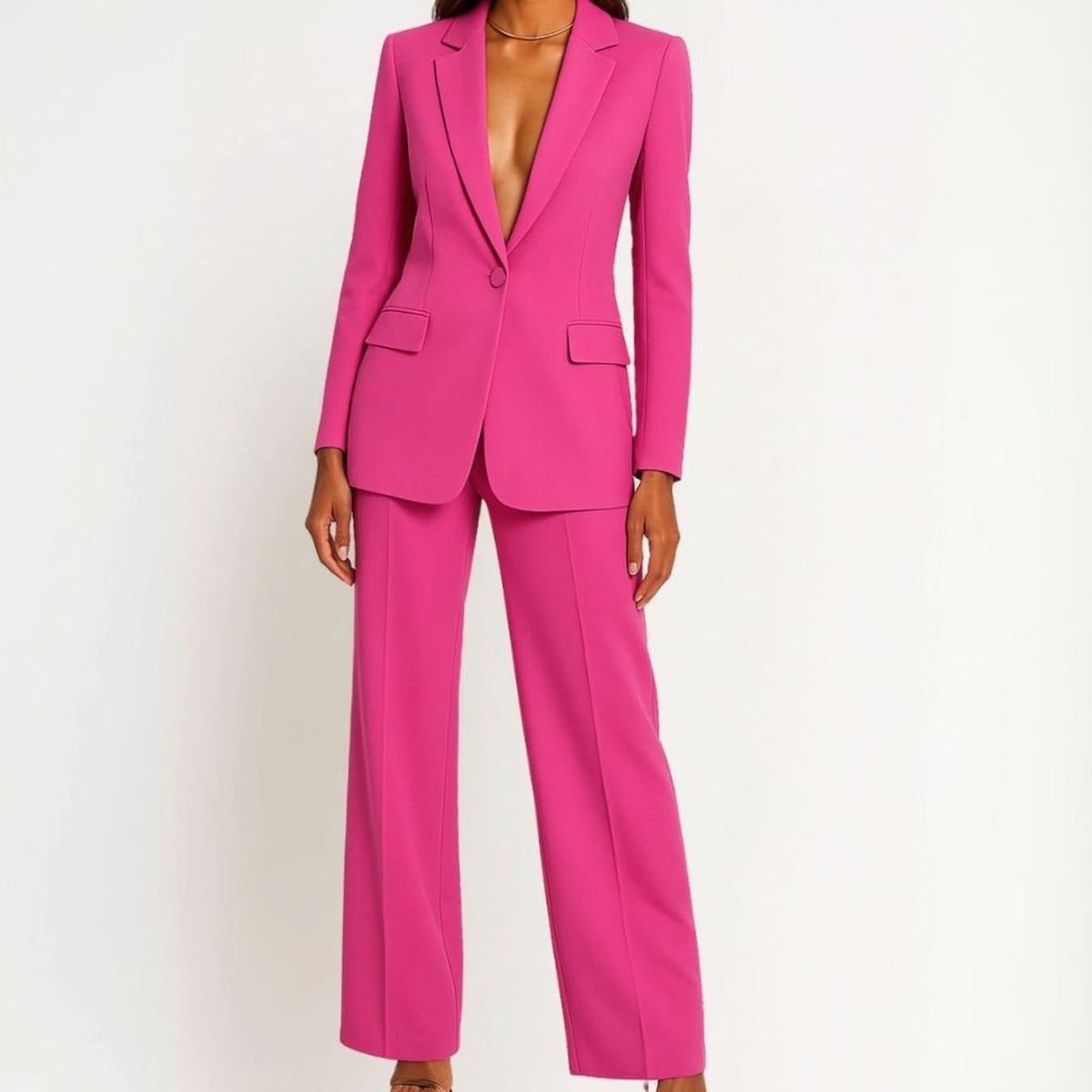 Women's Tailored Wide-Leg Blazer Suit Set Long Jacket Pants - Pink