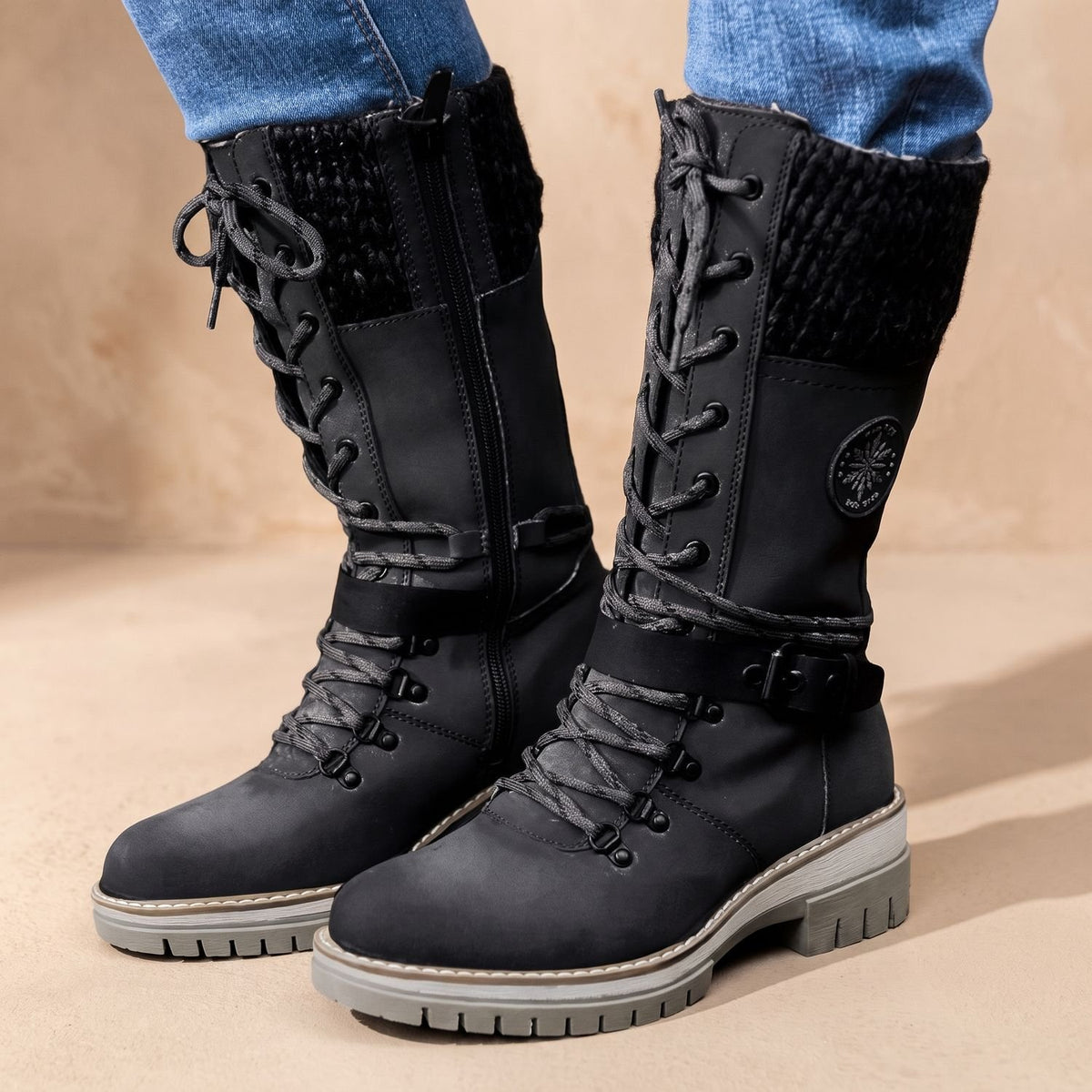 Women's Tall Lace-Up Winter Boots Knit Cuff Buckle Detail - Black