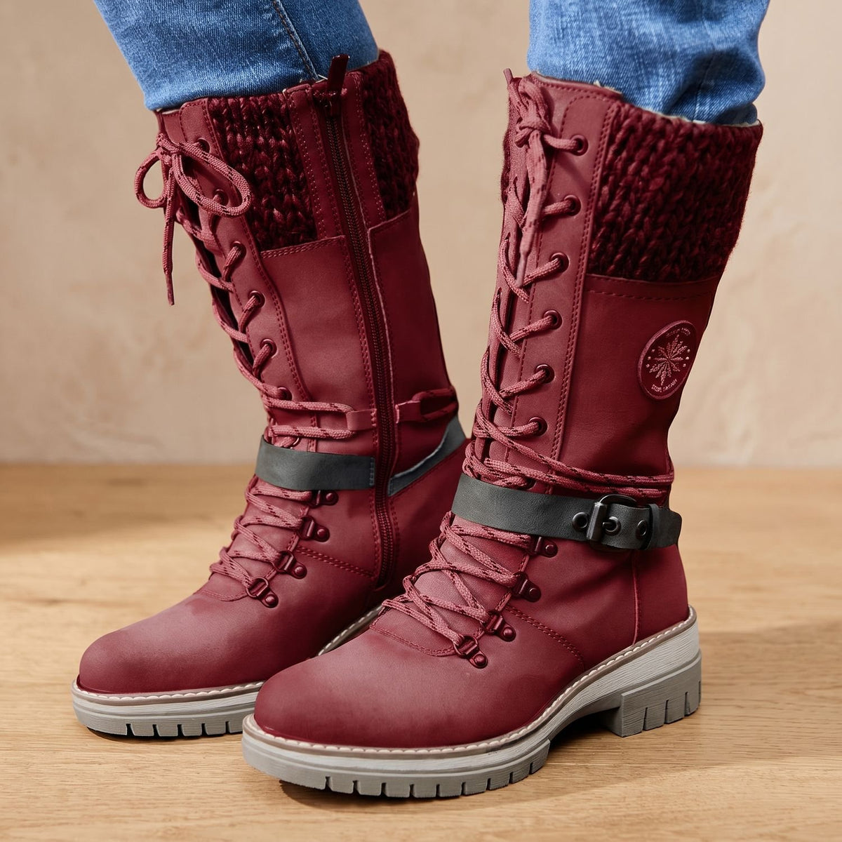 Women's Tall Lace-Up Winter Boots Knit Cuff Buckle Detail - Red