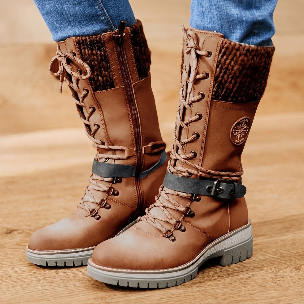 Women's Tall Lace-Up Winter Boots Knit Cuff Buckle Detail - Brown