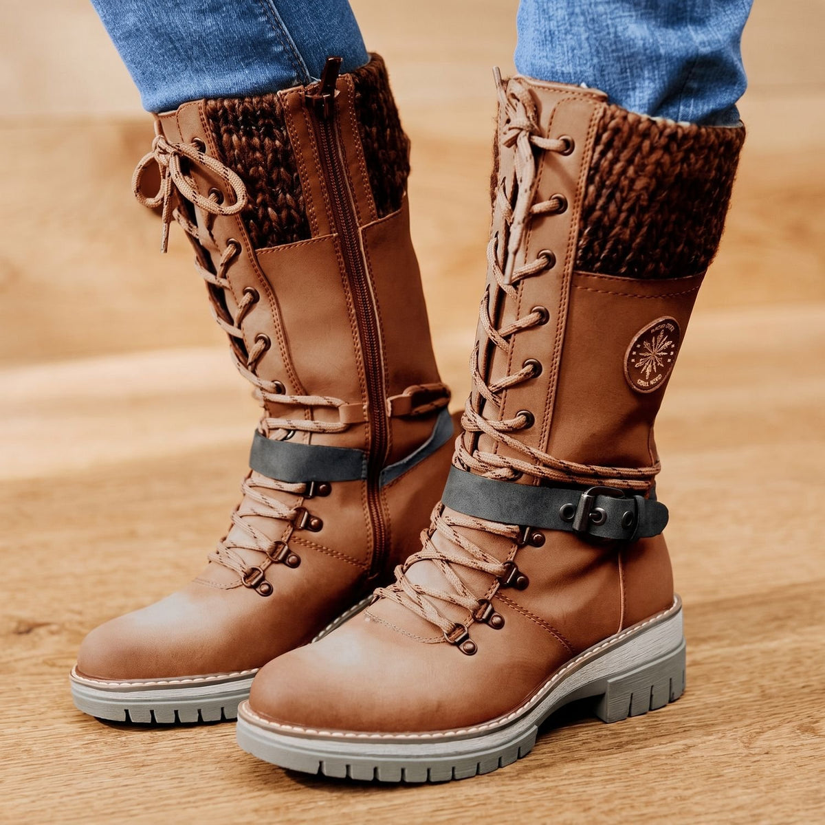 Women's Tall Lace-Up Winter Boots Knit Cuff Buckle Detail - Brown
