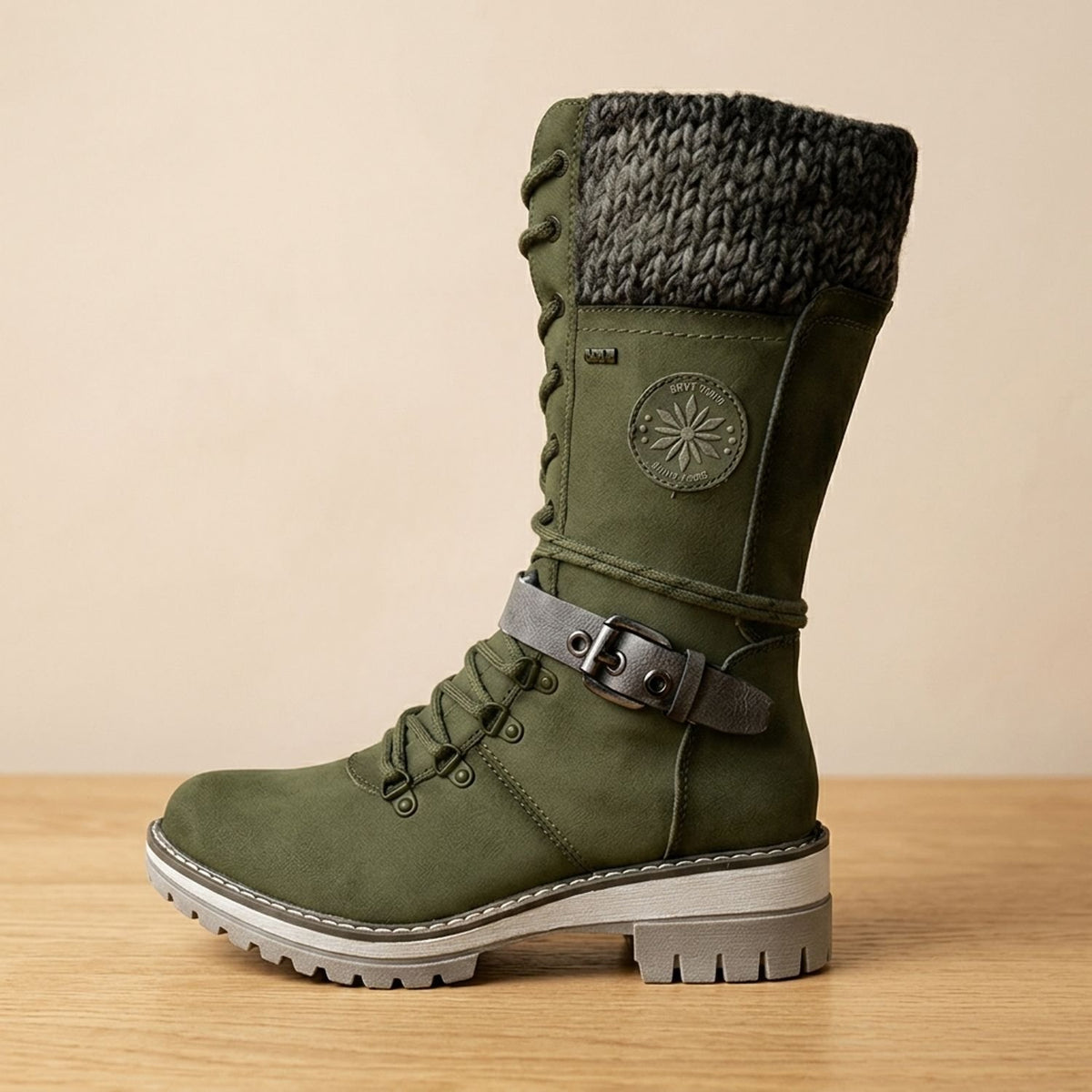 Women's Tall Lace-Up Winter Boots Knit Cuff Buckle Detail - Green