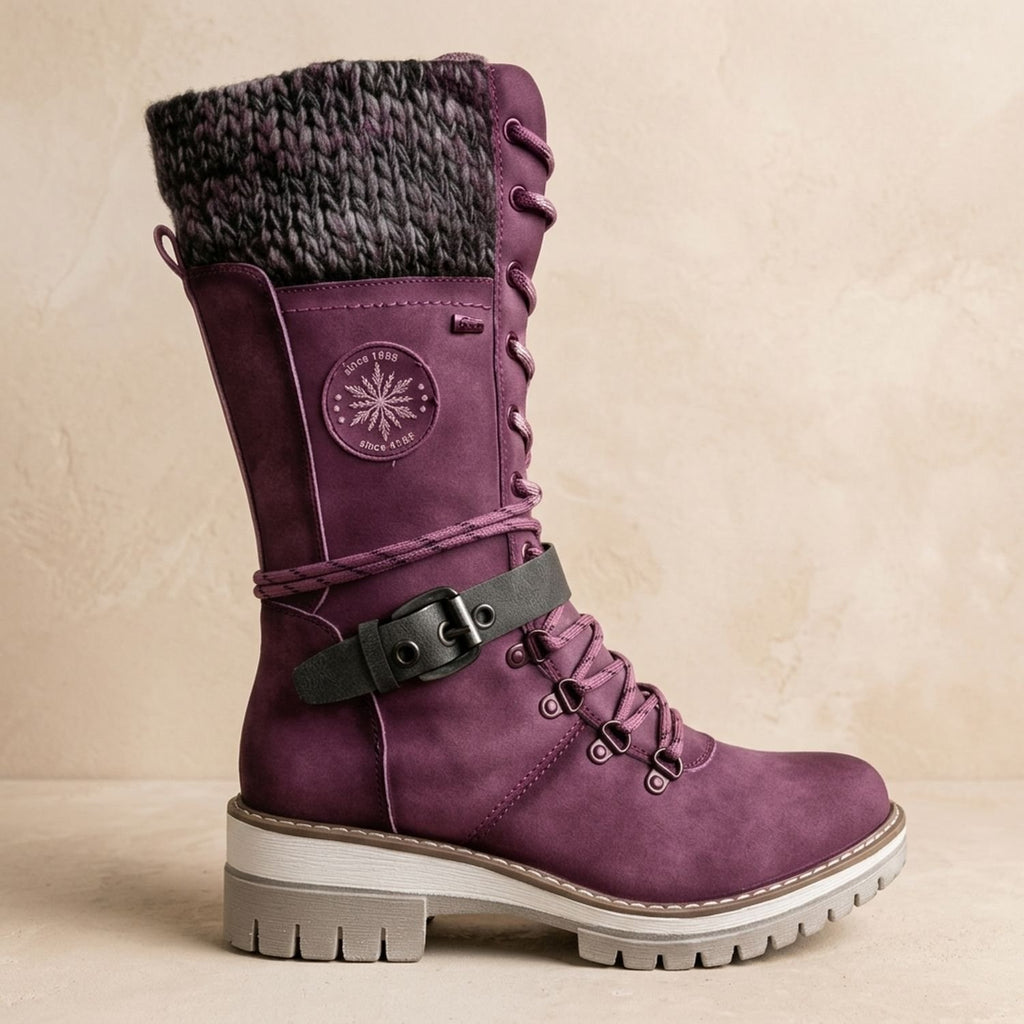 Women's Tall Lace-Up Winter Boots Knit Cuff Buckle Detail - Purple