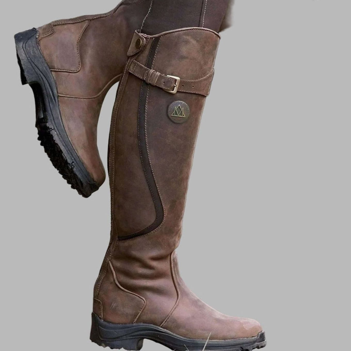 Women's Tall Leather Buckle-Strap Knee-High Hiking Boots - Dark Brown