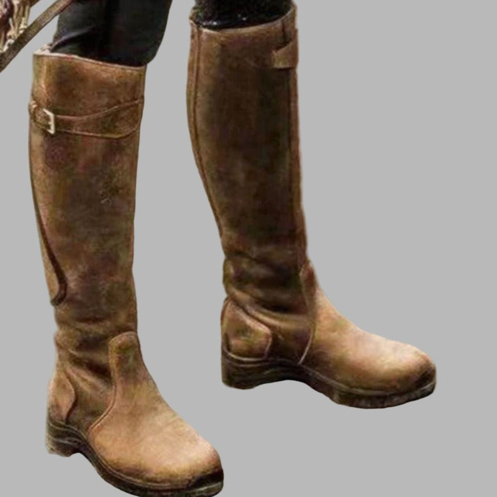 Women's Tall Leather Buckle-Strap Knee-High Hiking Boots - Brown