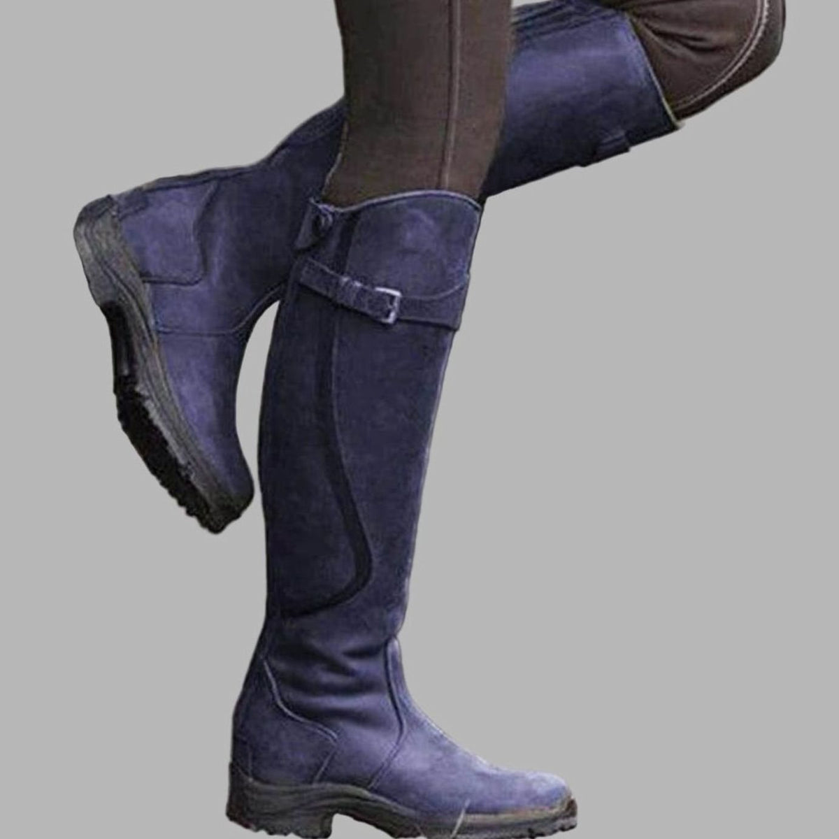 Women's Tall Leather Buckle-Strap Knee-High Hiking Boots - Lilac