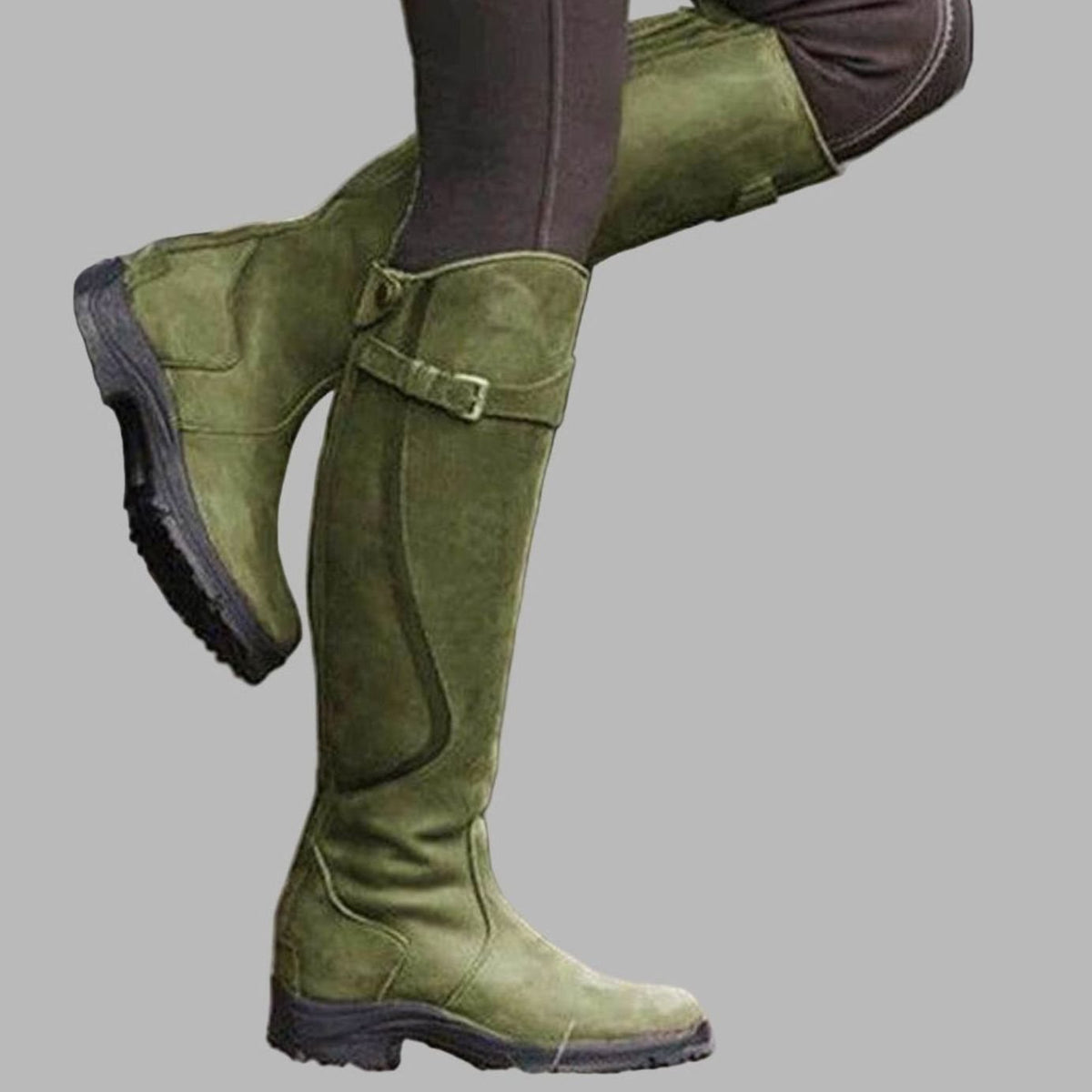 Women's Tall Leather Buckle-Strap Knee-High Hiking Boots - Green