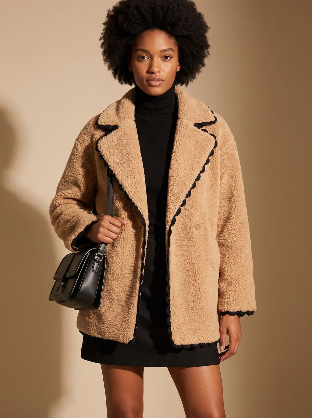 Women's Teddy Fleece Faux Fur Coat Black-Trim Lapel Jacket