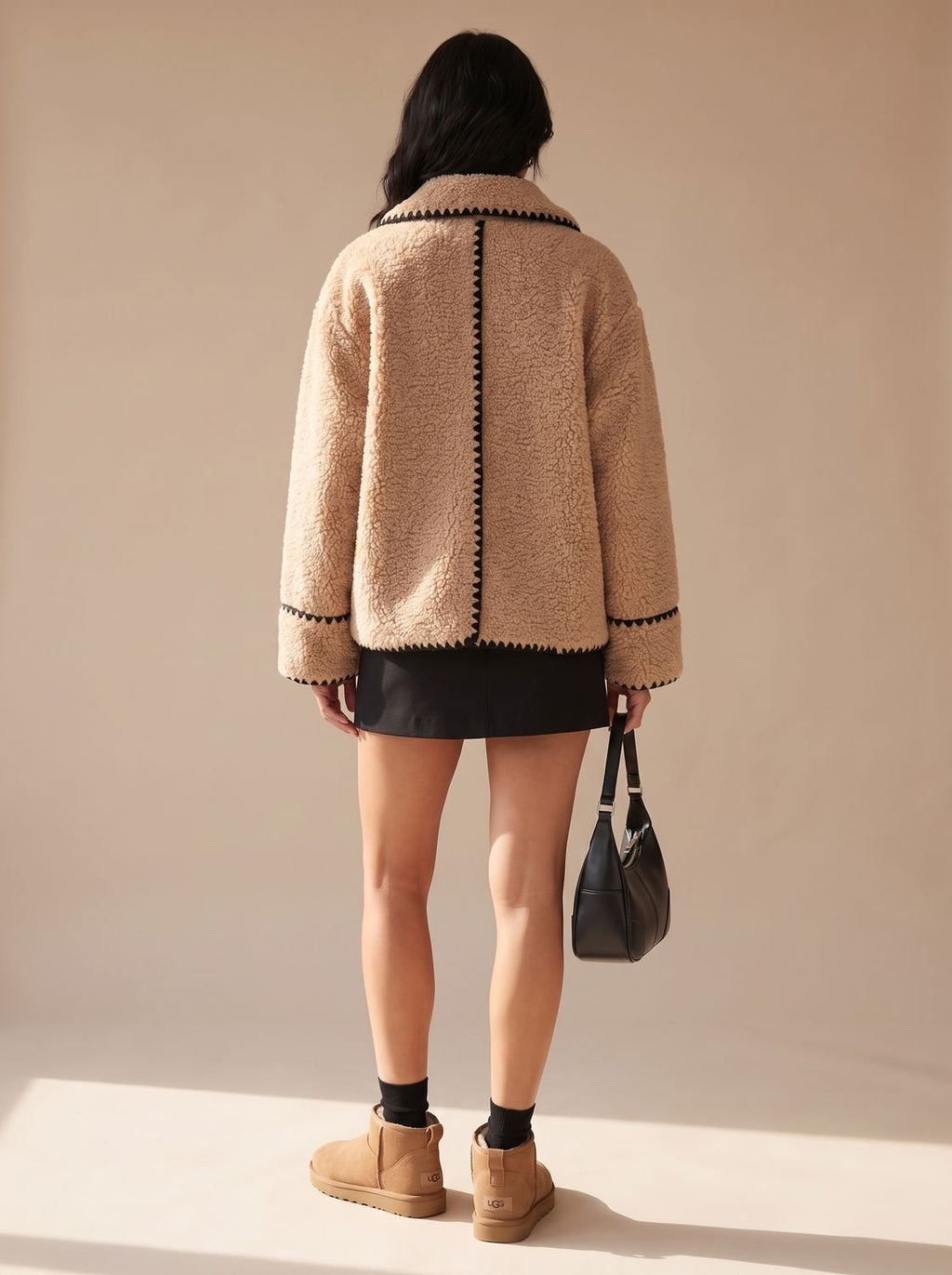 Women's Teddy Fleece Faux Fur Coat Black-Trim Lapel Jacket