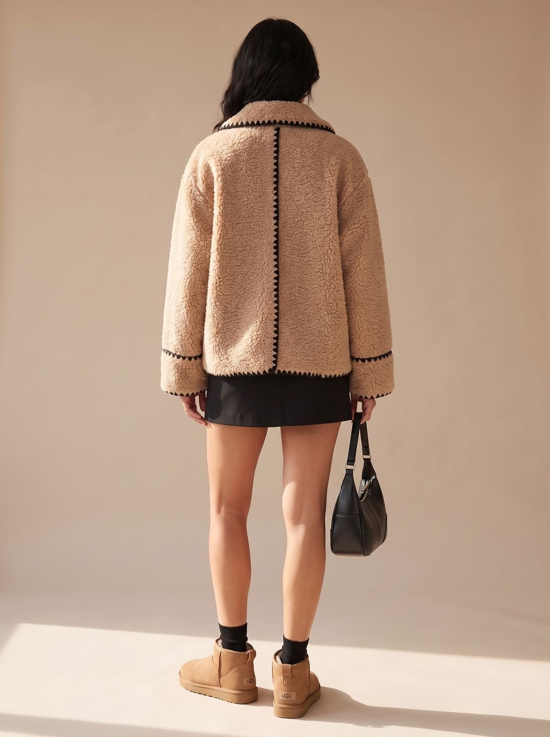 Women's Teddy Fleece Faux Fur Coat Black-Trim Lapel Jacket