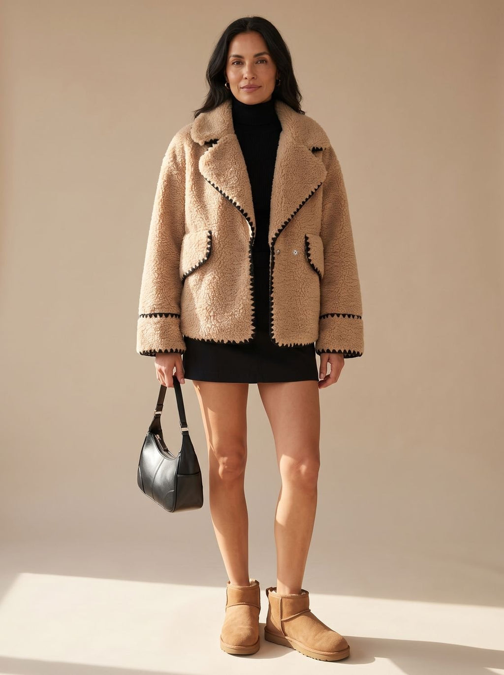 Women's Teddy Fleece Faux Fur Coat Black-Trim Lapel Jacket