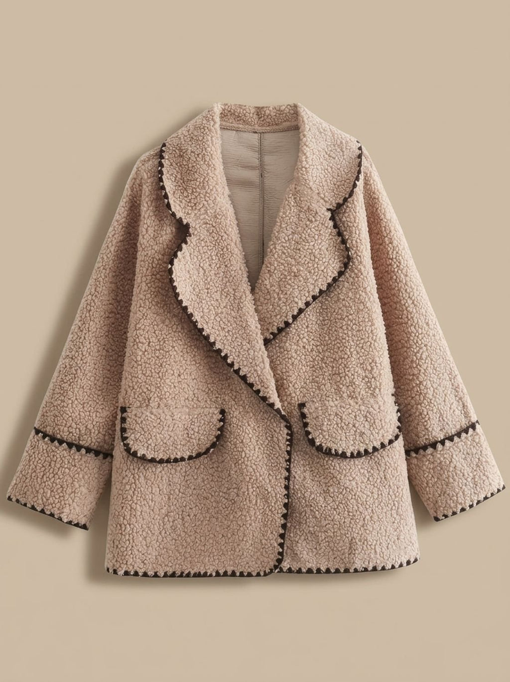 Women's Teddy Fleece Faux Fur Coat Black-Trim Lapel Jacket - Khaki