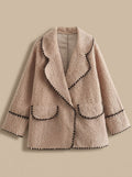 Women's Teddy Fleece Faux Fur Coat Black-Trim Lapel Jacket - Khaki