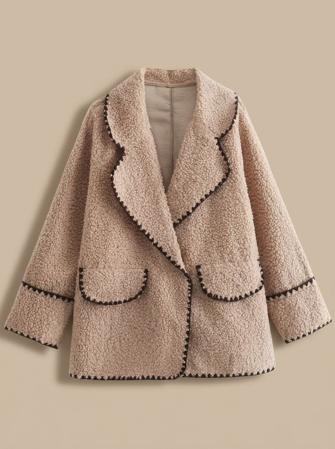 Women's Teddy Fleece Faux Fur Coat Black-Trim Lapel Jacket - Khaki