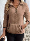Women's Teddy Fleece Half-Zip Kangaroo Pocket Pullover Sweater, Camel Brown - Brown
