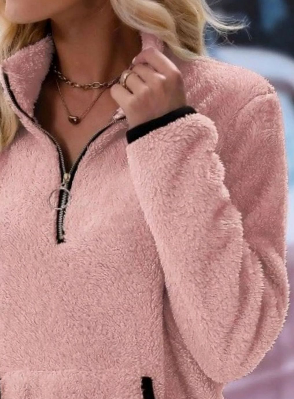 Women's Teddy Fleece Half-Zip Kangaroo Pocket Pullover Sweater, Camel Brown