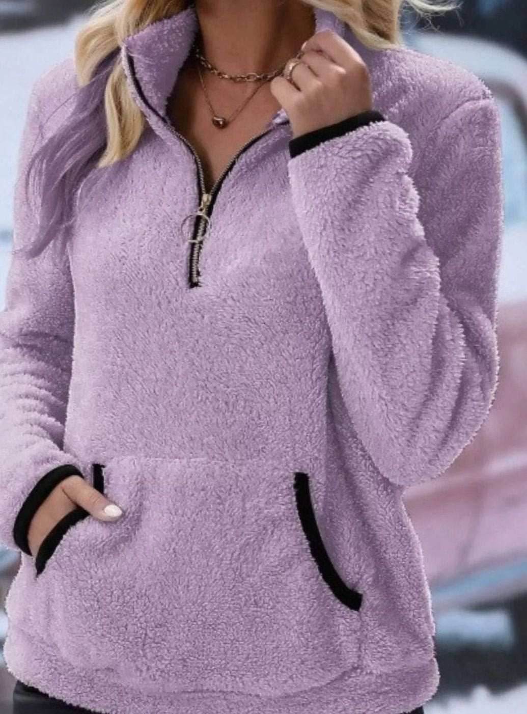 Women's Teddy Fleece Half-Zip Kangaroo Pocket Pullover Sweater, Camel Brown - Purple