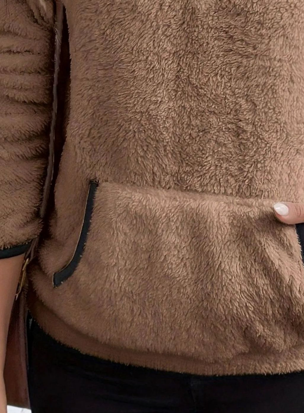 Women's Teddy Fleece Half-Zip Kangaroo Pocket Pullover Sweater, Camel Brown