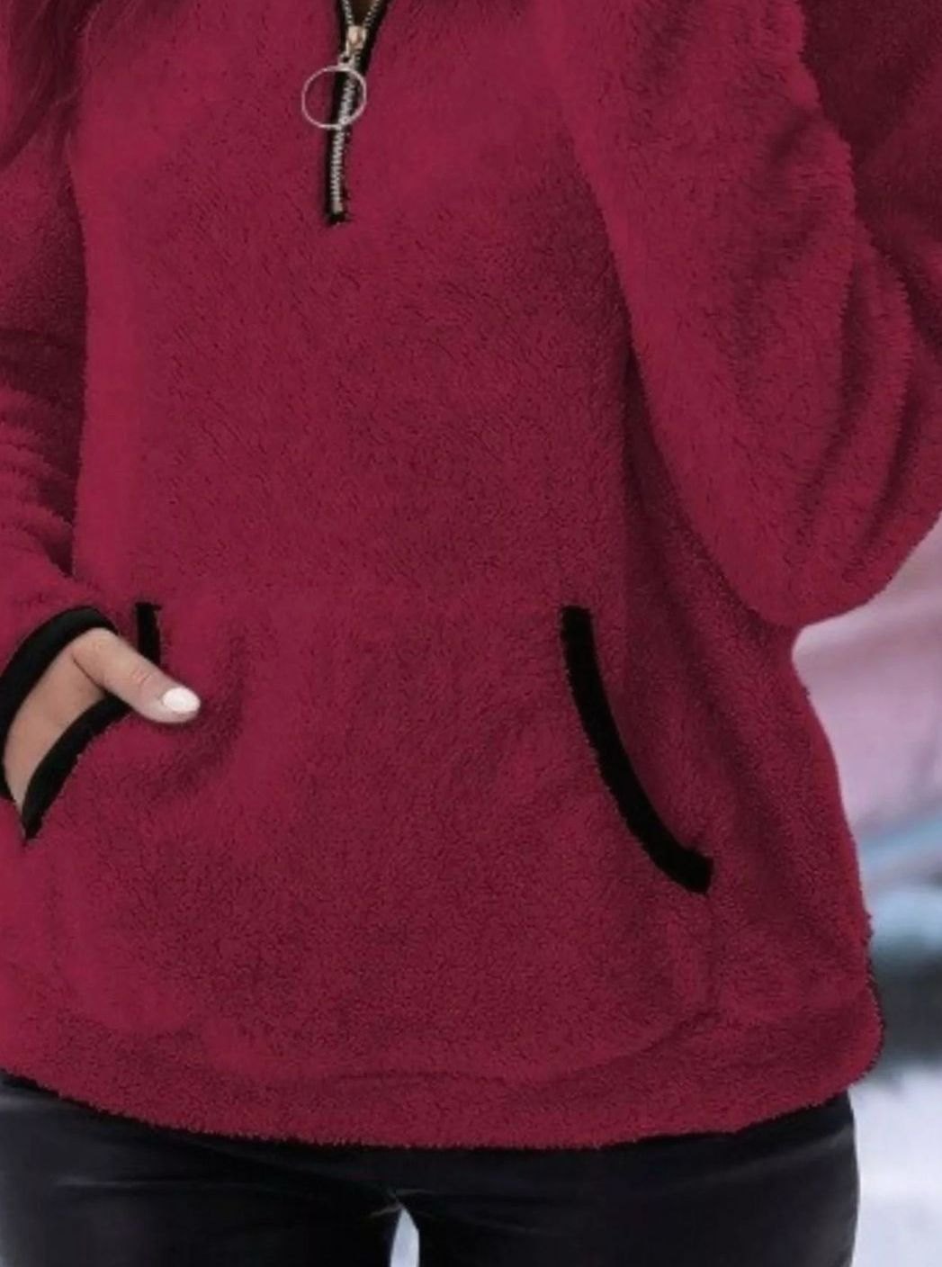 Women's Teddy Fleece Half-Zip Kangaroo Pocket Pullover Sweater, Camel Brown