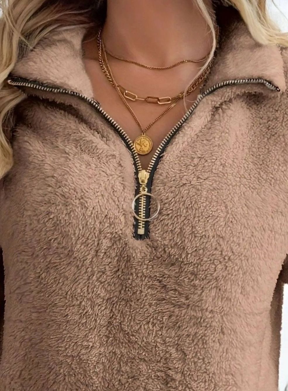 Women's Teddy Fleece Half-Zip Kangaroo Pocket Pullover Sweater, Camel Brown