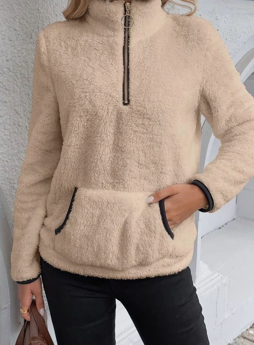 Women's Teddy Fleece Half-Zip Kangaroo Pocket Pullover Sweater, Camel Brown - Khaki