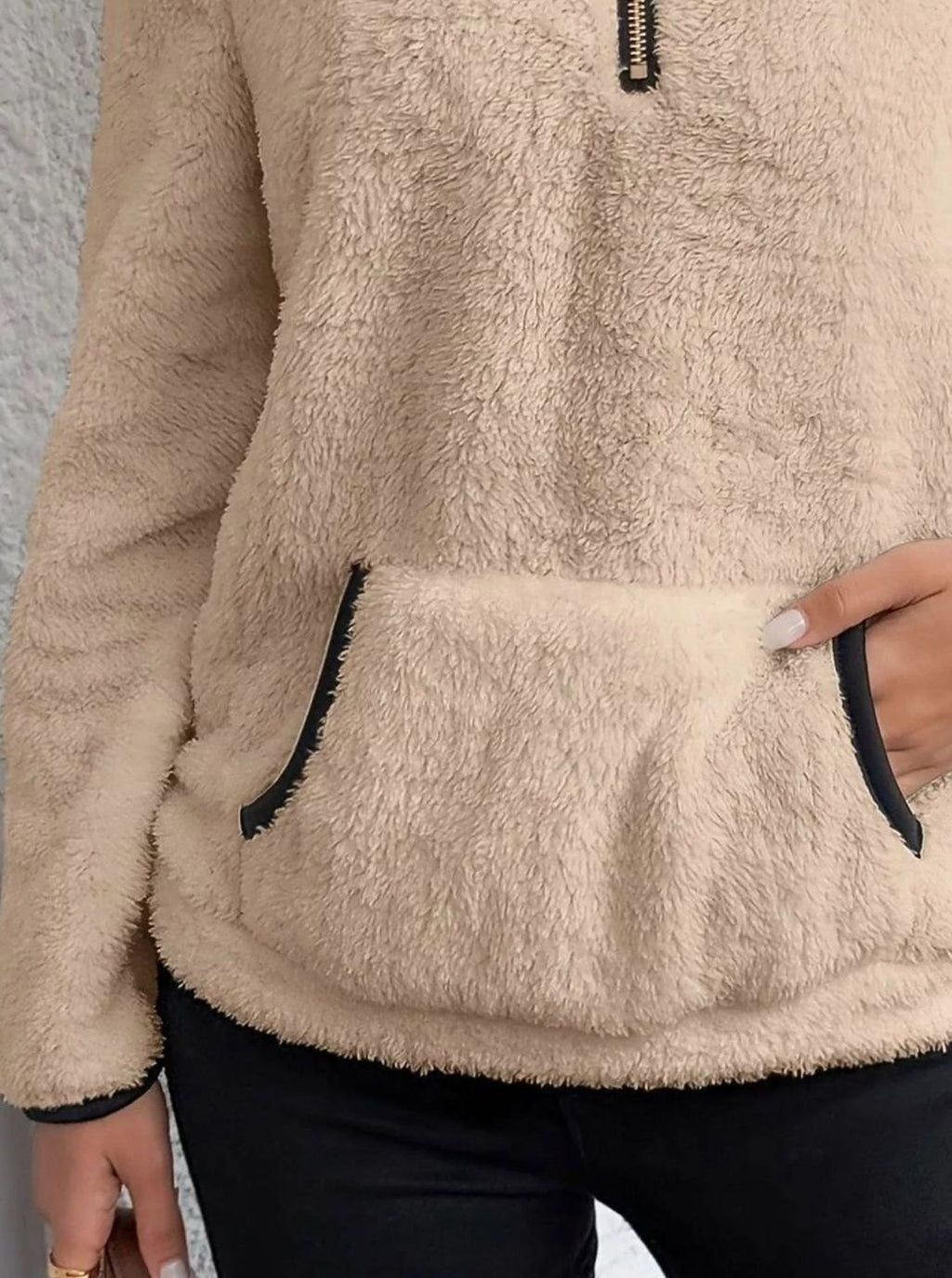 Women's Teddy Fleece Half-Zip Kangaroo Pocket Pullover Sweater, Camel Brown