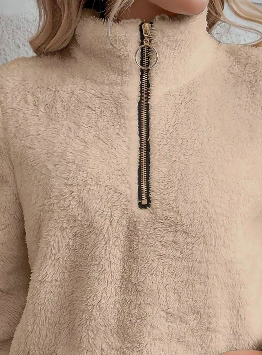 Women's Teddy Fleece Half-Zip Kangaroo Pocket Pullover Sweater, Camel Brown