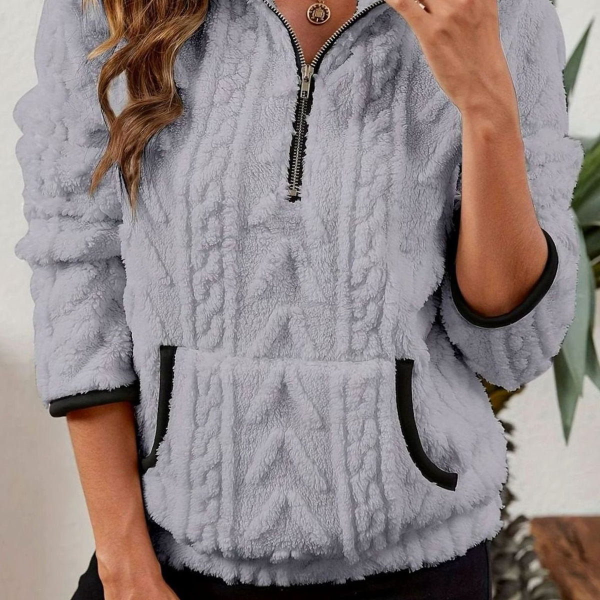 Women's Textured Fleece Half-Zip Kangaroo Pocket Pullover - Gray