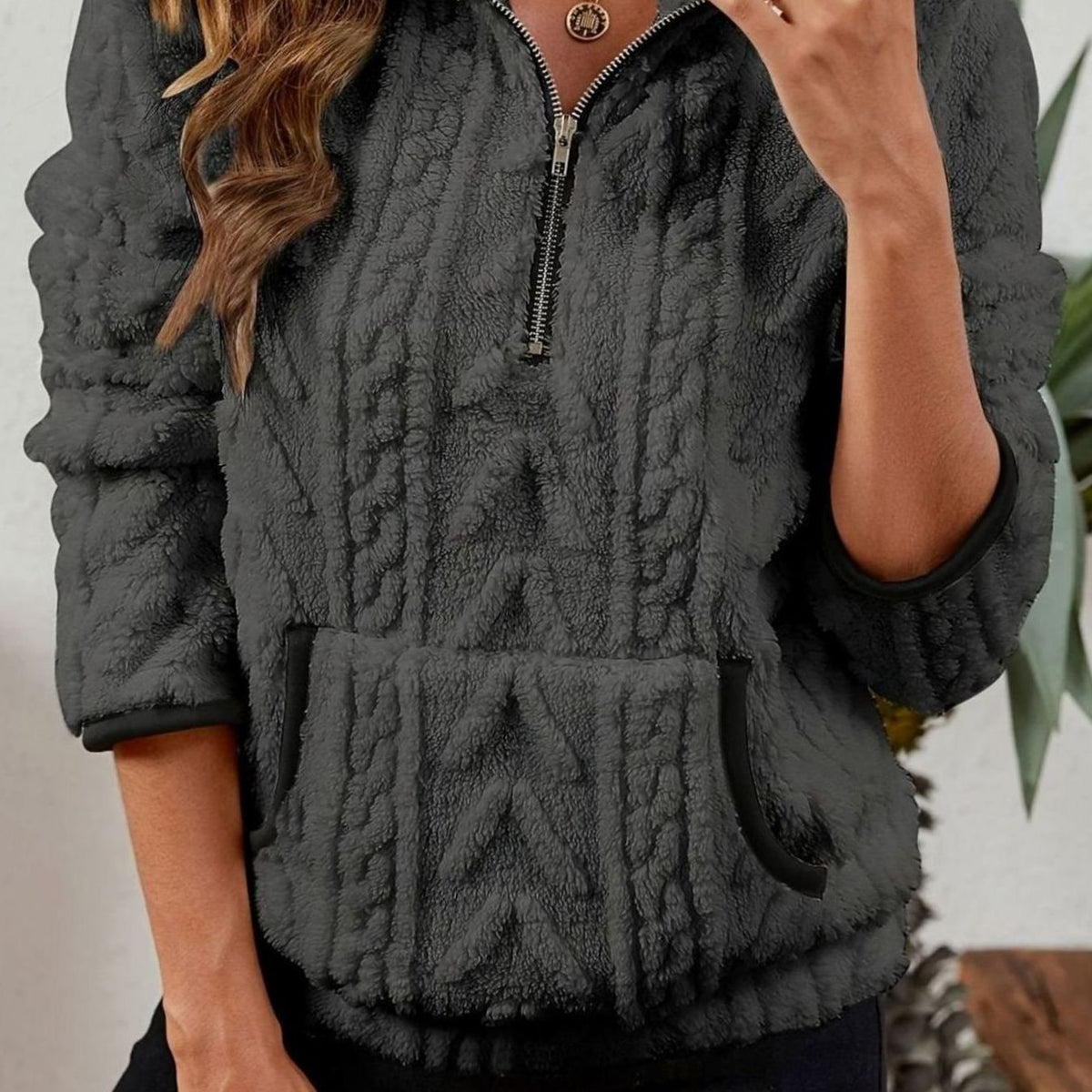 Women's Textured Fleece Half-Zip Kangaroo Pocket Pullover - Dark Gray
