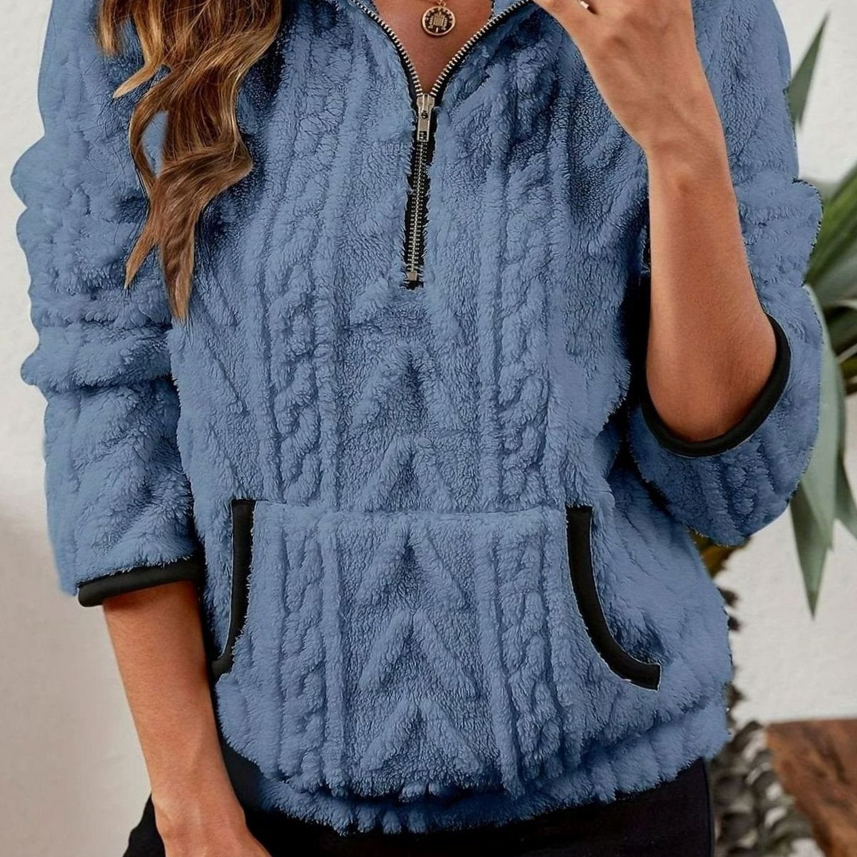 Women's Textured Fleece Half-Zip Kangaroo Pocket Pullover - Blue