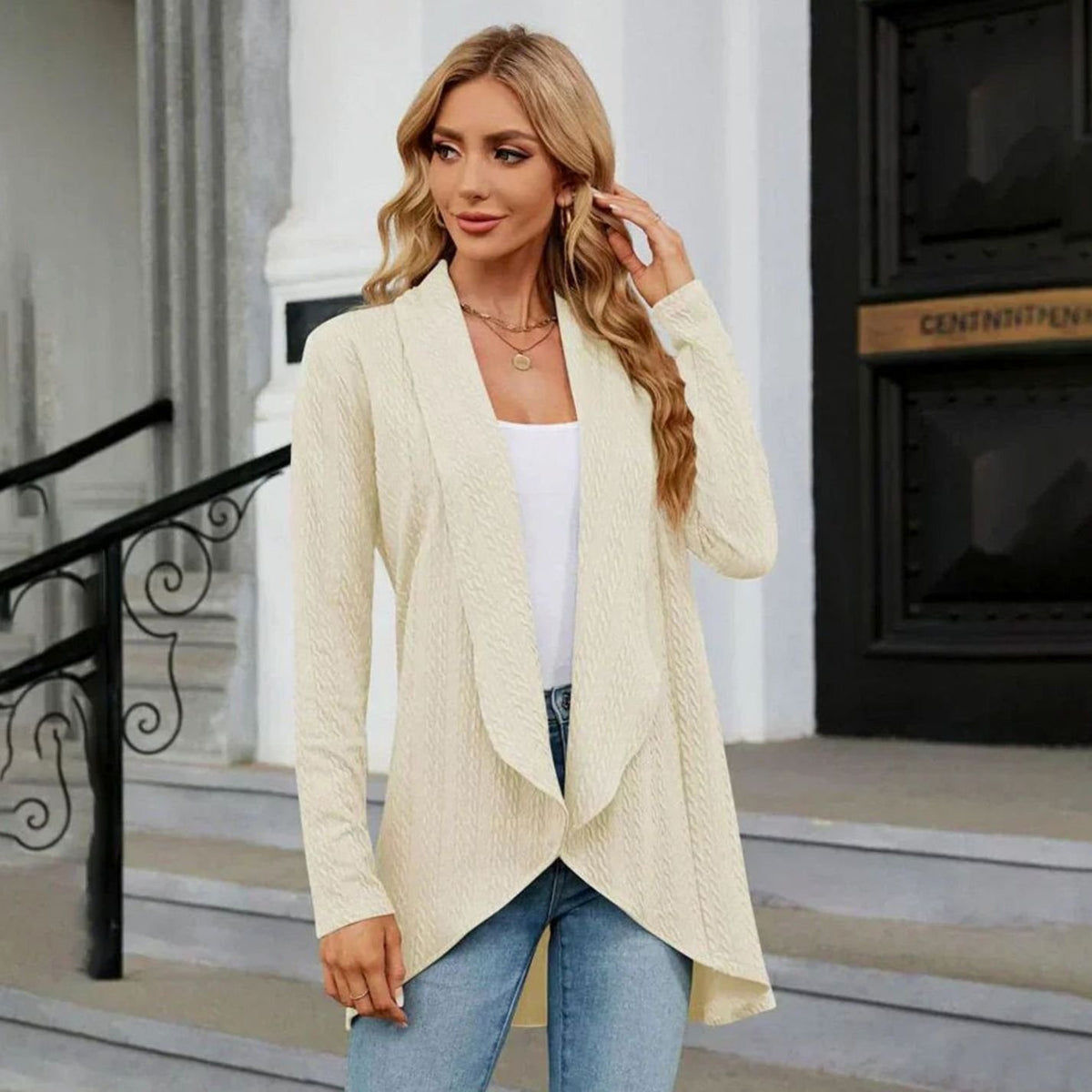 Women's Textured Open-Front Long-Sleeve Cardigan