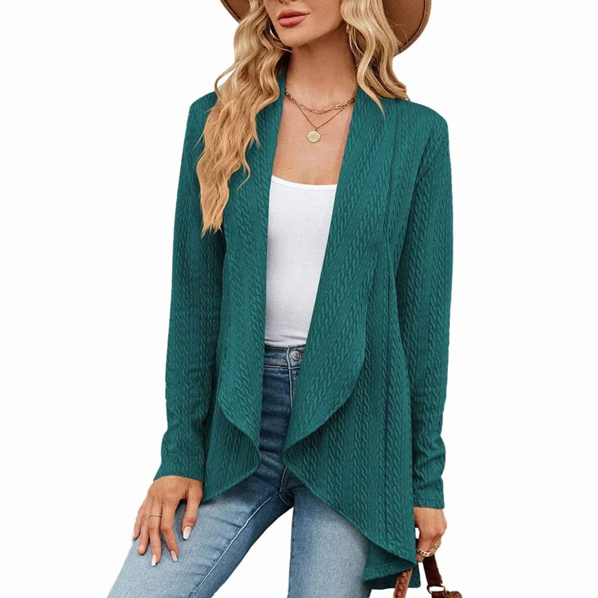 Women's Textured Open-Front Long-Sleeve Draped Cardigan, Teal Green - Green