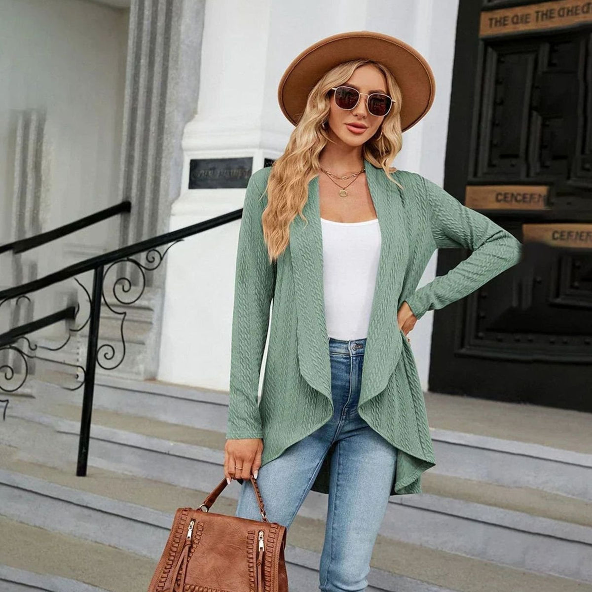 Women's Textured Open-Front Long-Sleeve Draped Cardigan, Teal Green