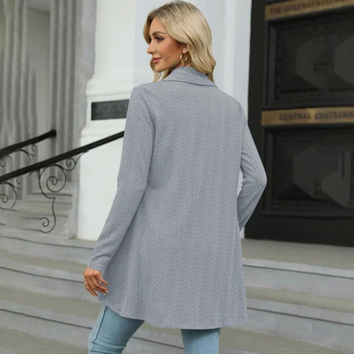 Women's Textured Open-Front Long-Sleeve Draped Cardigan, Teal Green