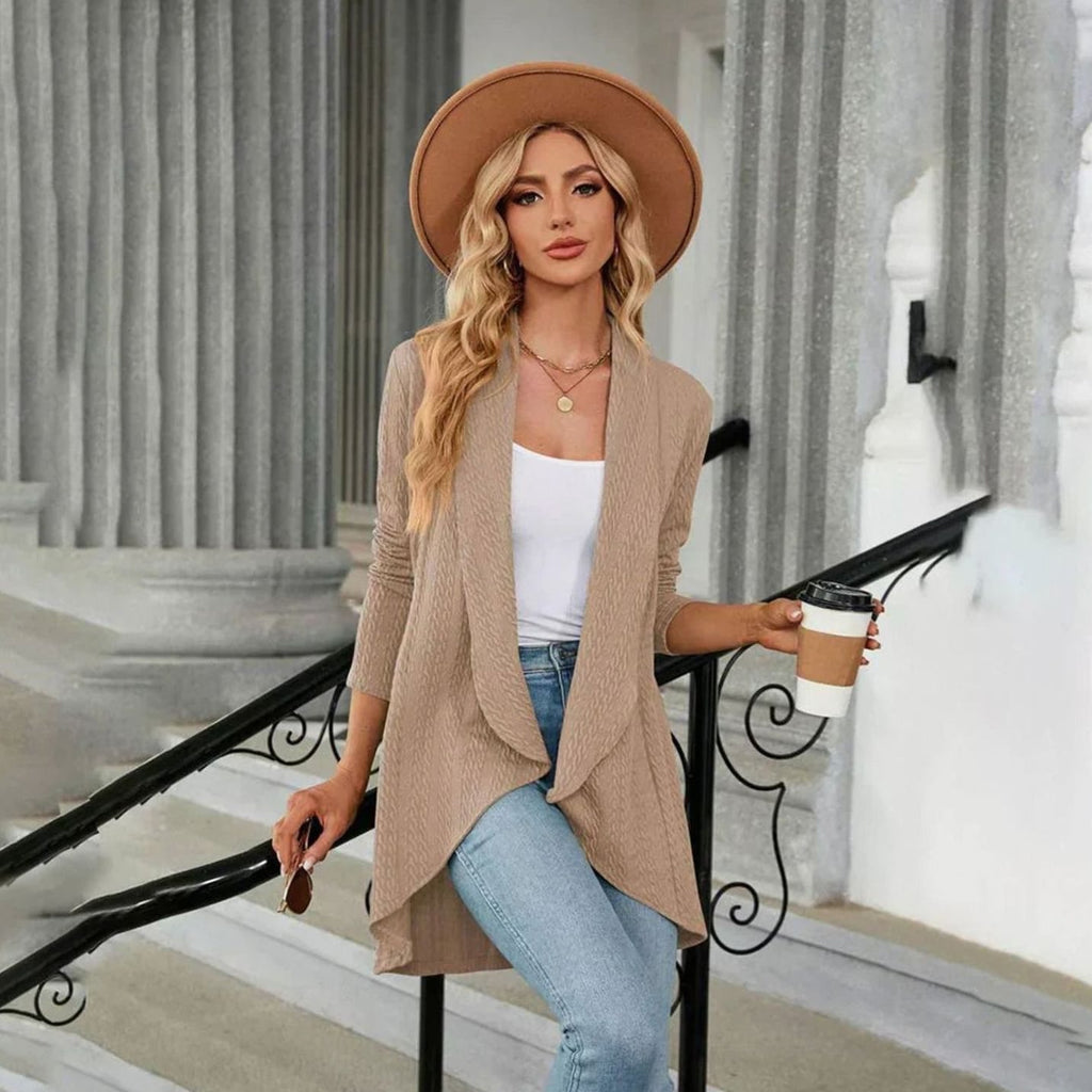 Women's Textured Open-Front Long-Sleeve Draped Cardigan, Teal Green