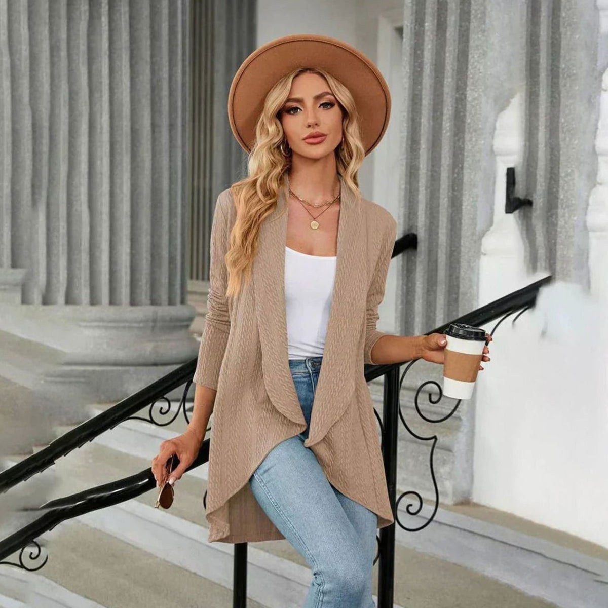 Women's Textured Open-Front Long-Sleeve Draped Cardigan, Teal Green